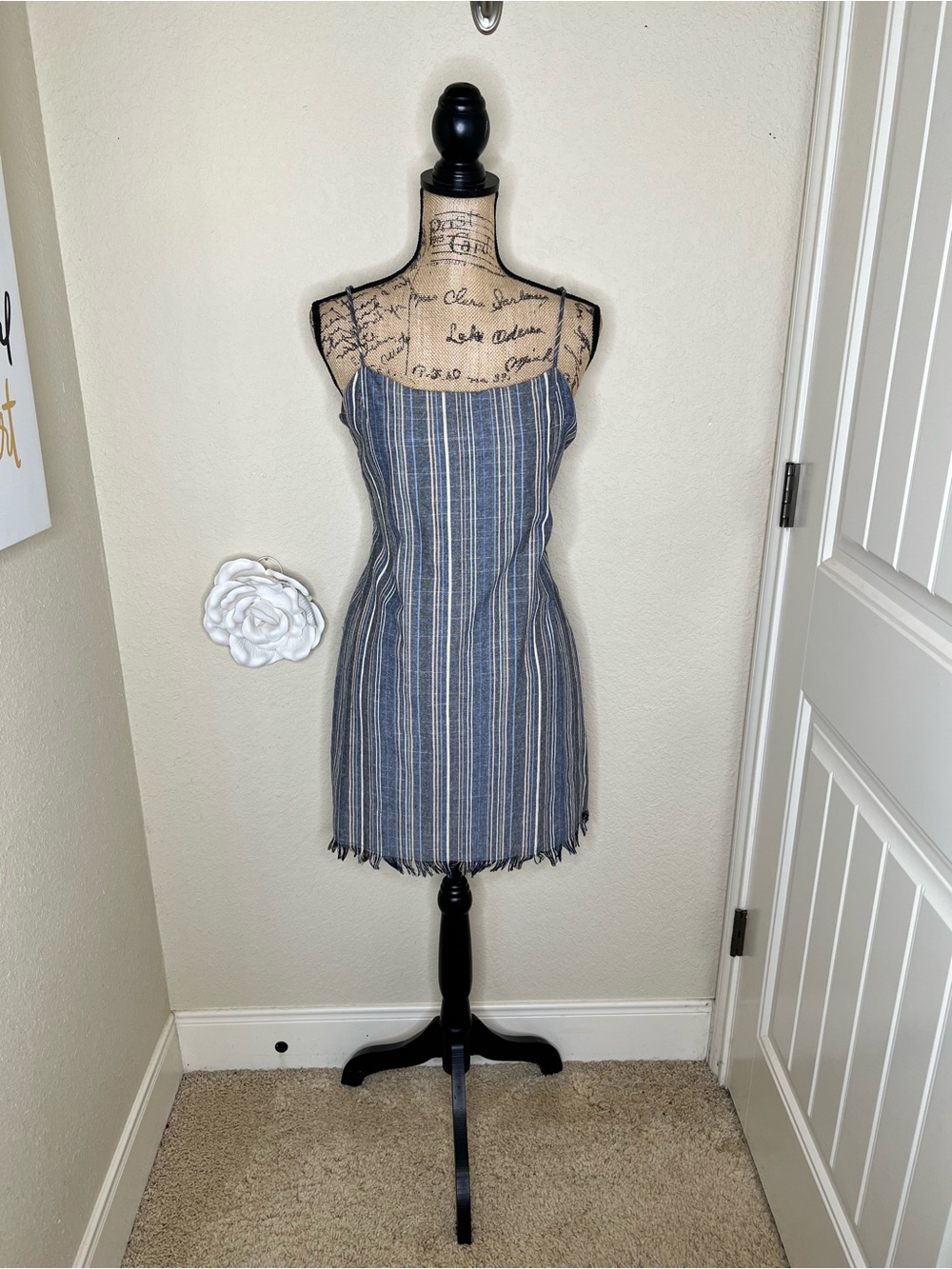 NTM: American Threads Blue Striped Tie Back Mini Dress Open Back Size Large - Picture 2 of 15